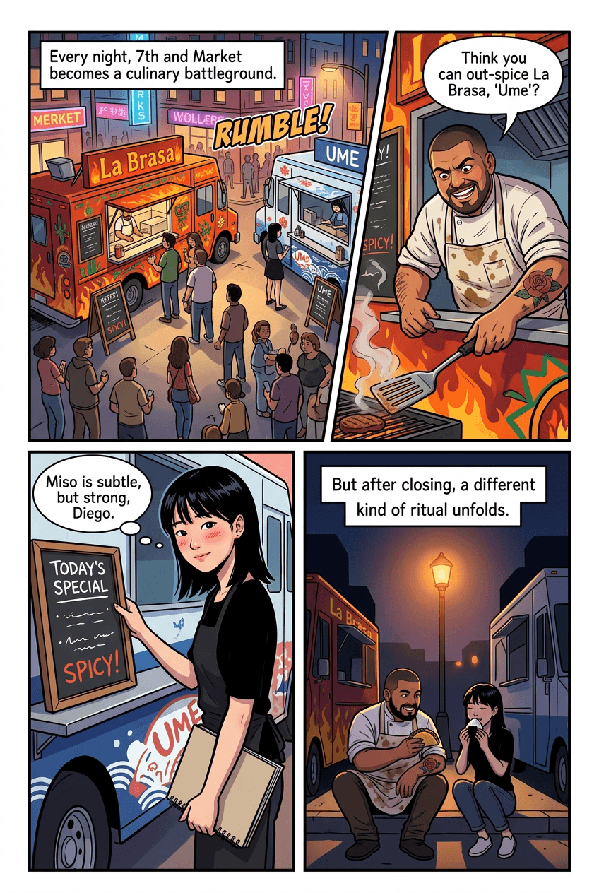 Two Trucks, One Corner, page 1 of 5, Retro Pop style