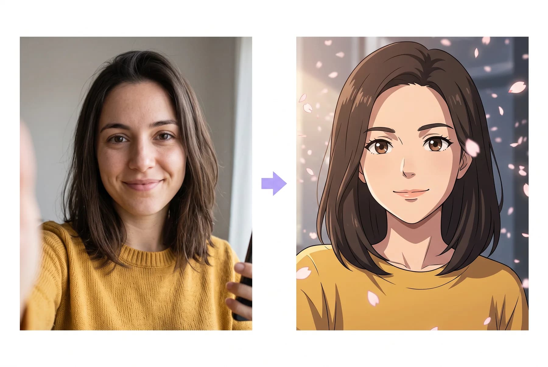 A selfie next to the anime version of the same person