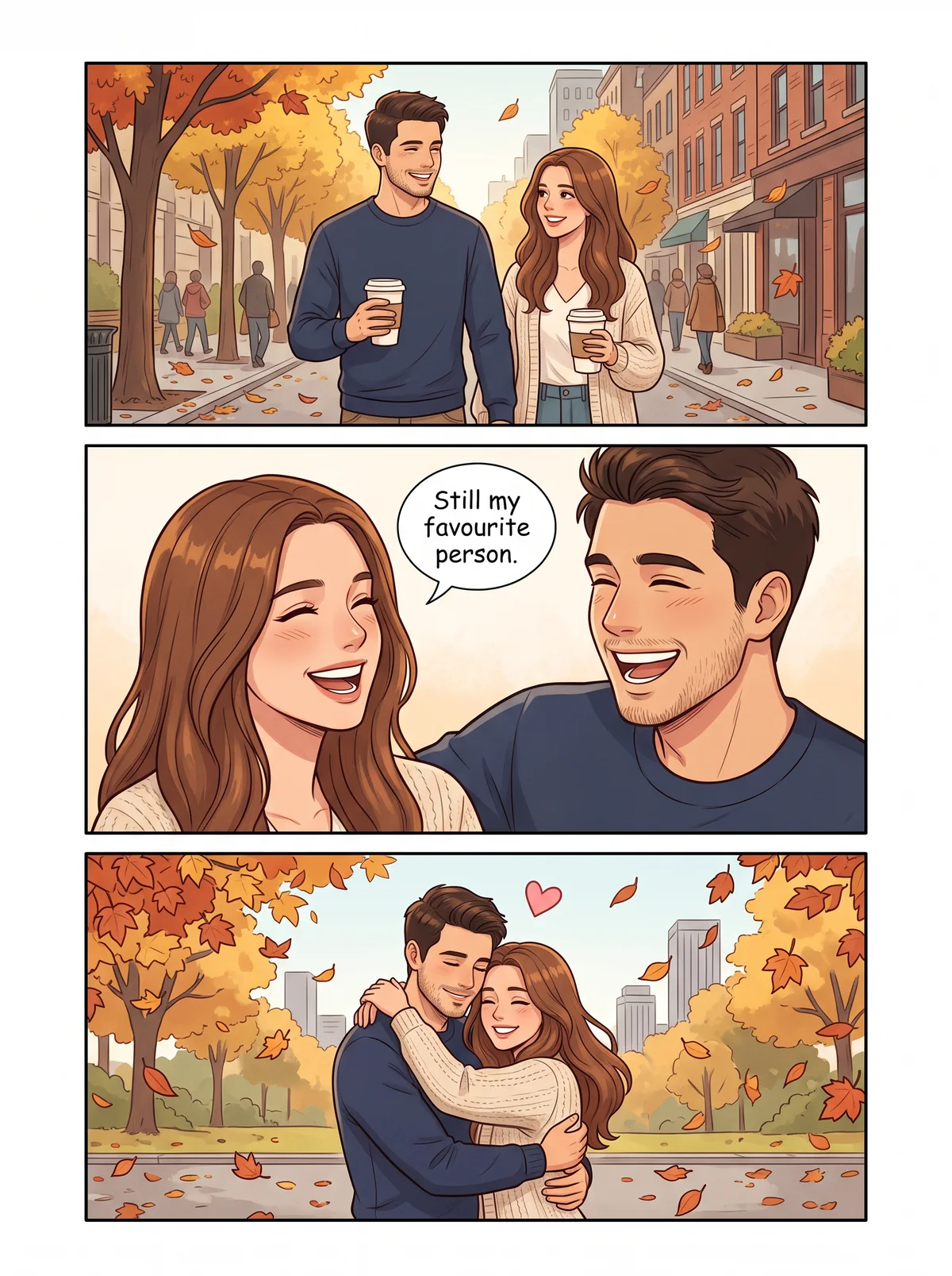 The comic page Comikaze drew from that photo: the same couple on an autumn street, coffee in hand