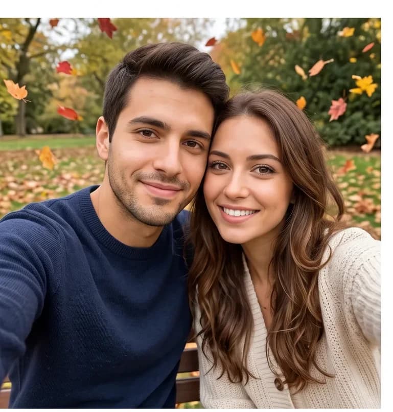 A real photo of a couple taking a selfie in an autumn park